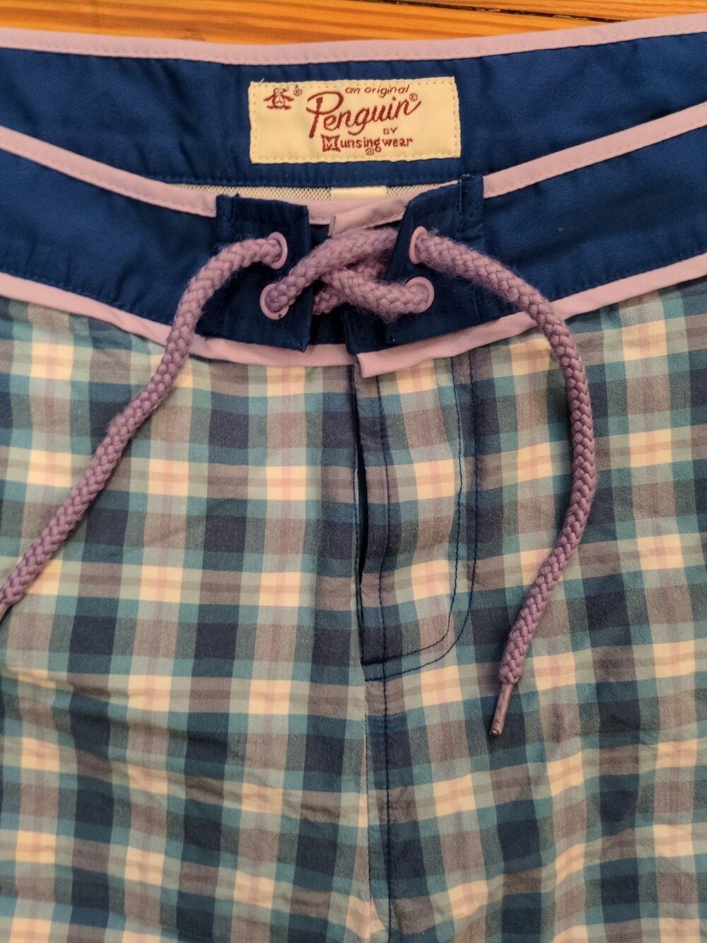 Original Penguin Swim Trunks Men’s 34 Blue Plaid Lined Drawstring Pockets